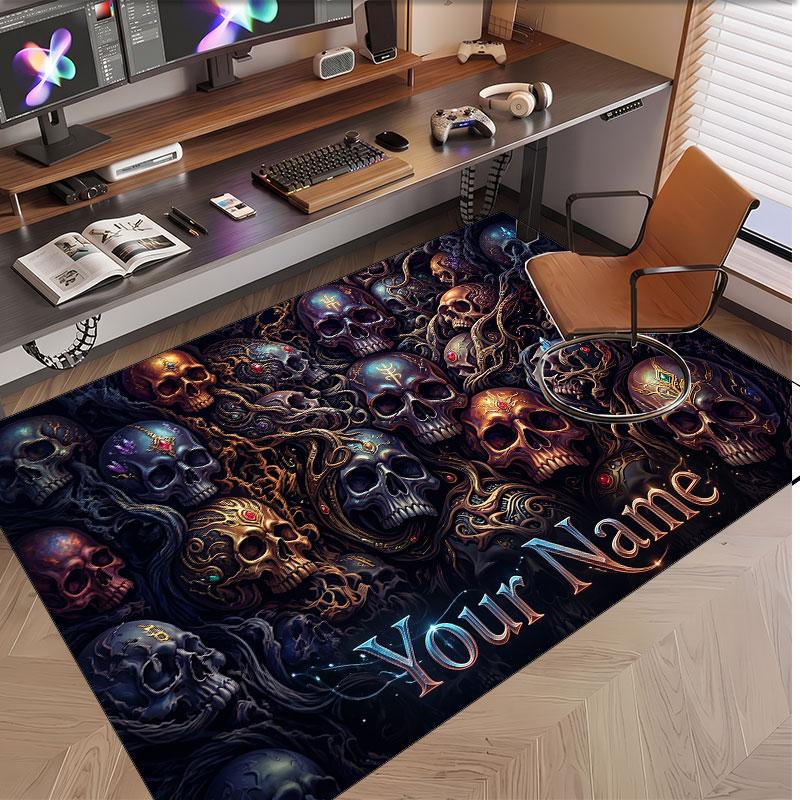 Totenkopf Gothic Thema Weicher Kristall-Samt Teppich Benutzerdefinierter Name & Text Druck Rutschfester Boden Teppich für Schlafzimmer Wohnzimmer