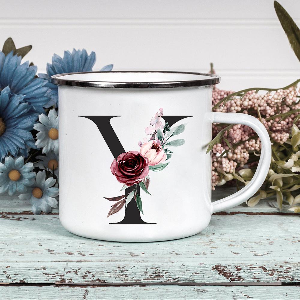 Alphabet Blumen A-Z Vintage Emaille Kaffee Tee Tassen Urlaub Camping Getränke Saft Bier Tassen Zuhause Büro Milch Tasse Geburtstagsgeschenke