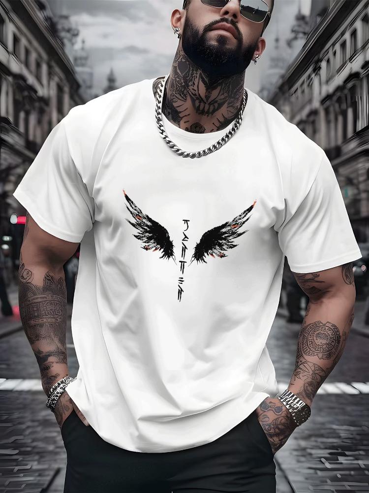 Unisex Summer Cotton Tee Vintage Black Wing Rune Print Short Sleeve Crew Neck Casual Streetwear Loose Fashion Daily Unisexs Tops