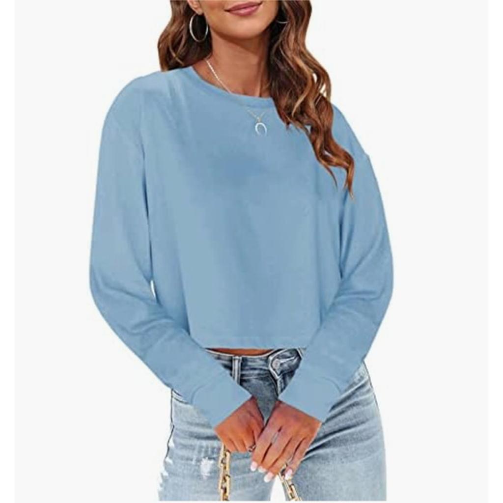 Damska bluza oversize z okrągłym dekoltem, krótka, kolorowa, casualowy top