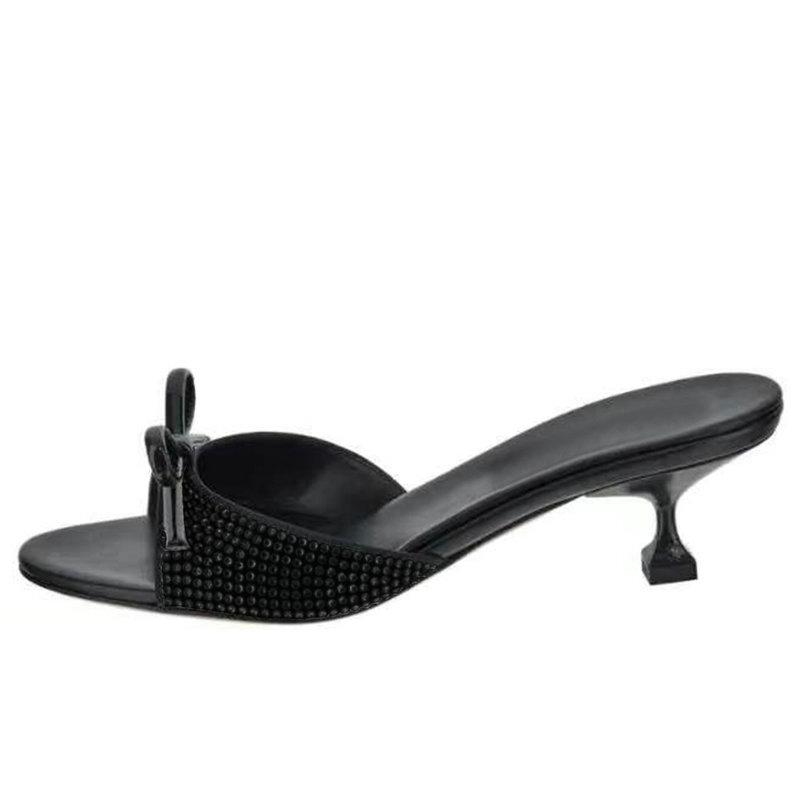 Fashion 2025 New Bow-Tie High-Heeled Slippers Wear Sweet Fairy Glass Shoes Thin Heel One-Line Sandal Rhinestone Princess