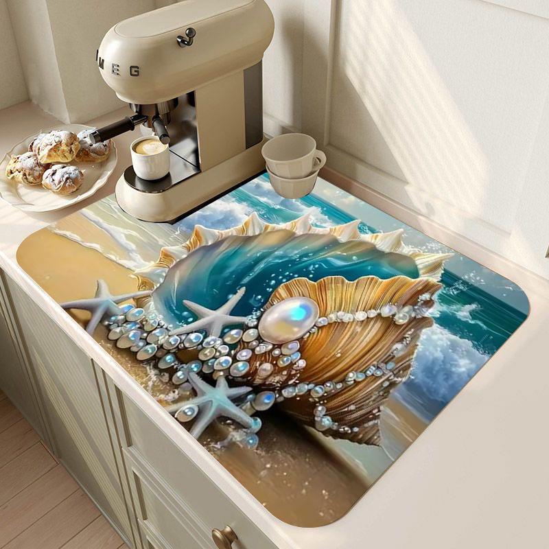 

Тропический пляжный пейзаж Коврик для сушки посуды Впитывающий кухонный коврик-сушилка Подкладка на столешницу для посуды, Нескользящий и термостойкий 20x30cm