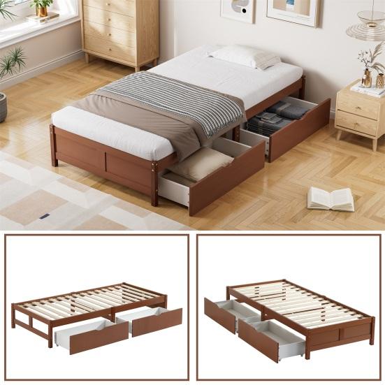 Children Bed, Flat Bed, Wooden Bed, Vintage Wood Color, Two Drawers with Castors, Adolescents And Adults, Pine Frame, Sturdy Slatted Frame, 90x200cm