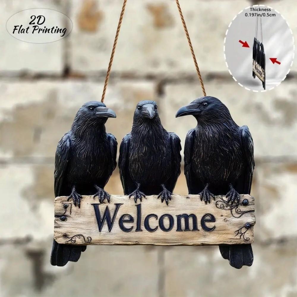 Handmade 2D Flat Welcome Sign Black Crow Pattern Hanging Tag Door Decoration