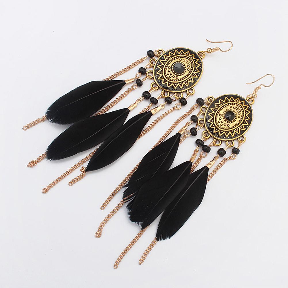 Women Bohemian Faux Feather Earrings Retro Ethnic Style Tassel Long Drop Dangle Earrings Jewelry Gifts For Girls