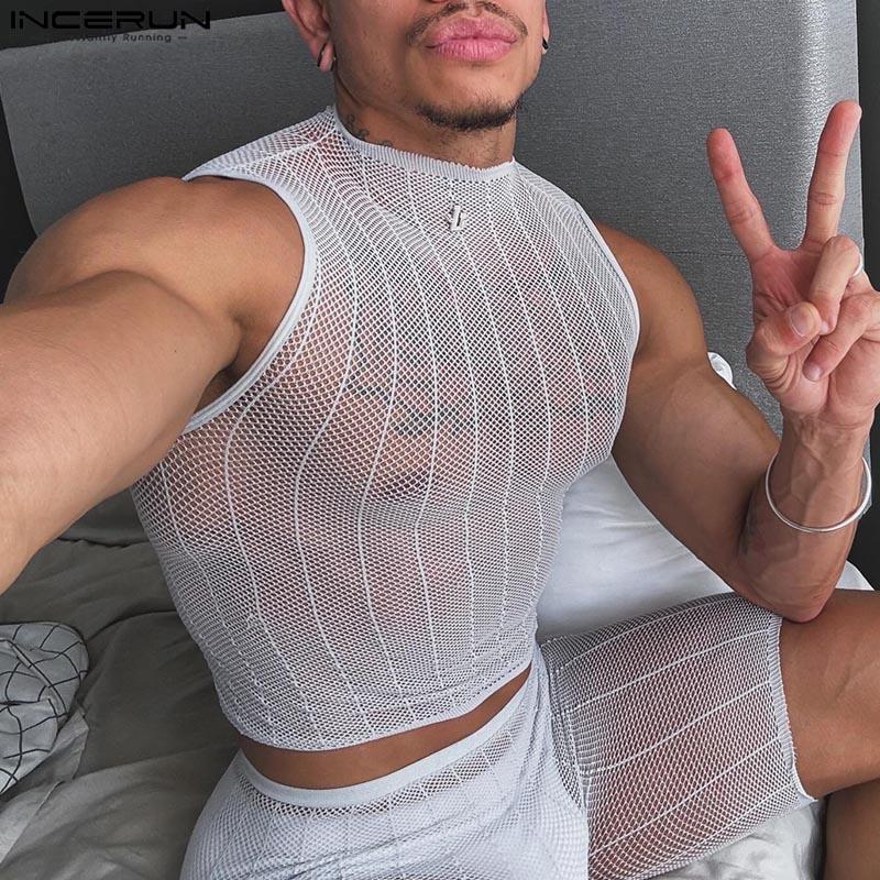 INCERUN Men Sleeveless Fishnet See Through Short Tank Tops Mesh Crop T-shirts