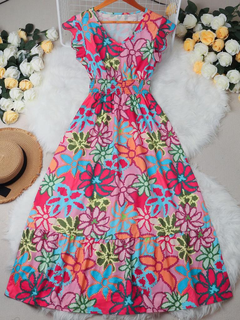 Women Sweet Floral Print Flutter Short Sleeve V Neck A Line Long Vacation Dress