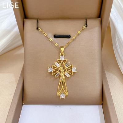 Acciaio al Titanio Lusso Leggero Ritratto Croce Micro-Intarsiata Oro Vero Collana Catena Ossa Clavicolare da Donna con Gioielli