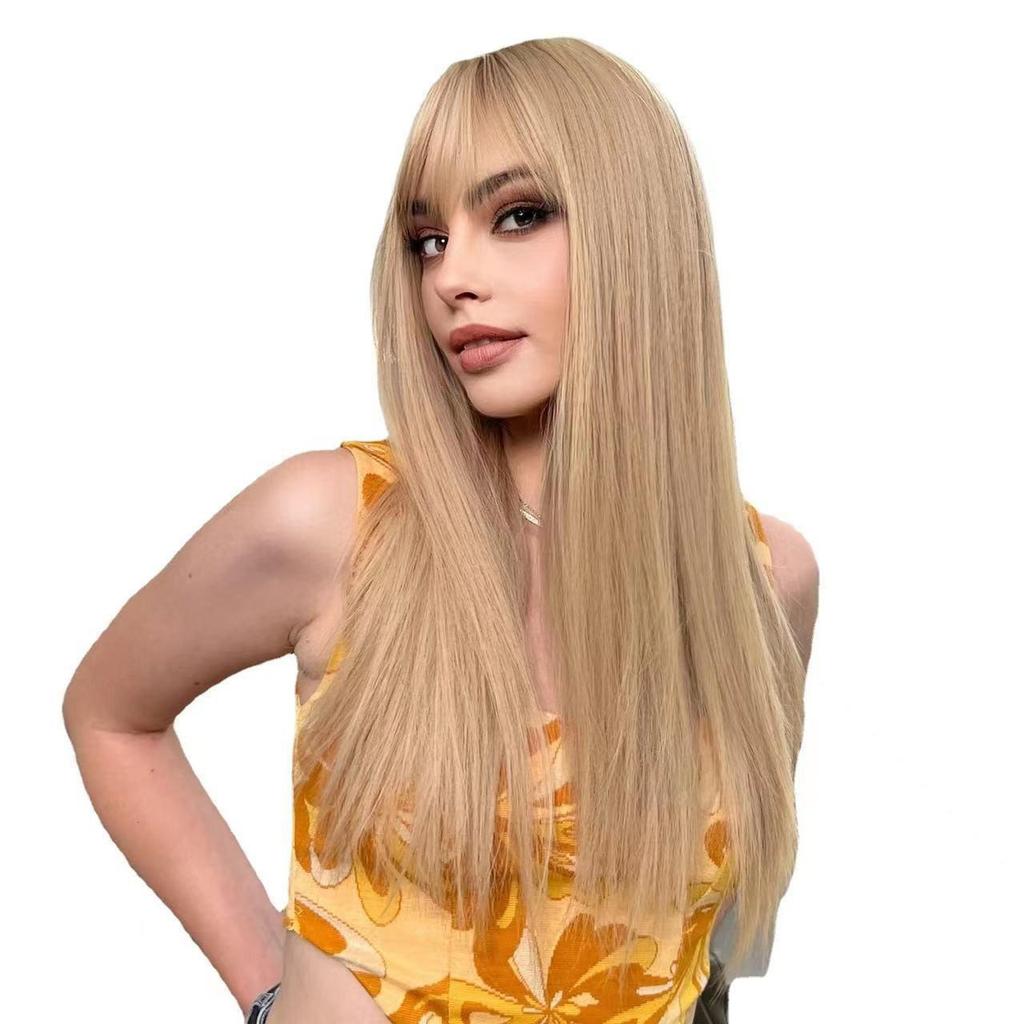 Women's Long Straight Blonde Wig, Heat Resistant Synthetic Hair Wig with Bangs for Daily Party
