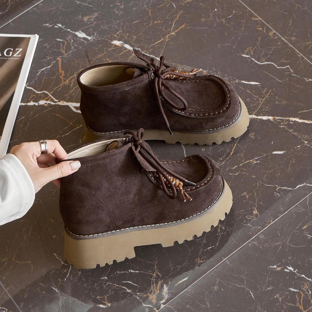 2025 Autumn British Retro Lace-up Leather Ankle Boots, 7CM Thick Sole for Height Boost, Stylish Martin Boots for Women