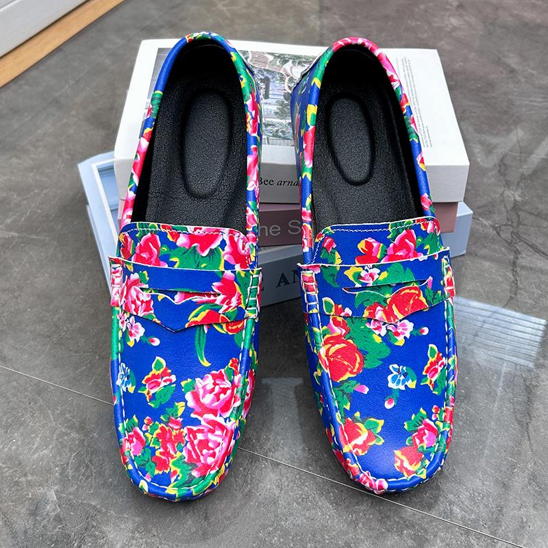 Men’s Moccasins Driving Shoes Comfort Leather Flats Casual Slip-ons Plus Size Flower Print Shoes for Men