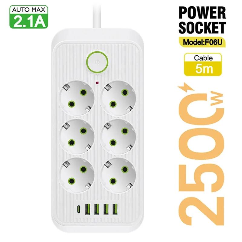 EU Plug AC Outlets Multitap Socket Extension Cord 2M 5M Electrical Power Strip With USB Type C Charging Network Filter Adapter