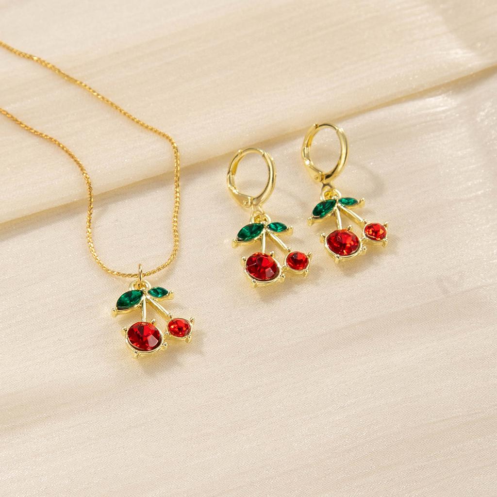 Red Zircon Fruit Cherry Pendant Earrings Necklace For Women New Trend Fashion Collarbone Chain Jewelry Set Gifts