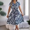 Summer Women's Fashion Print Pleated with Belt Knee-Length V-Neck Dress
