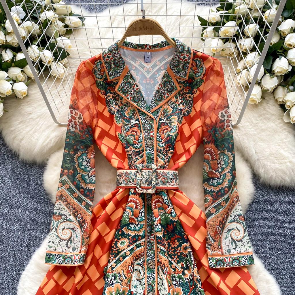 Spring Autumn Women Elegant Notched Collar Designer Print Single Breasted Long Maxi Holiday Party Blazer Dresses