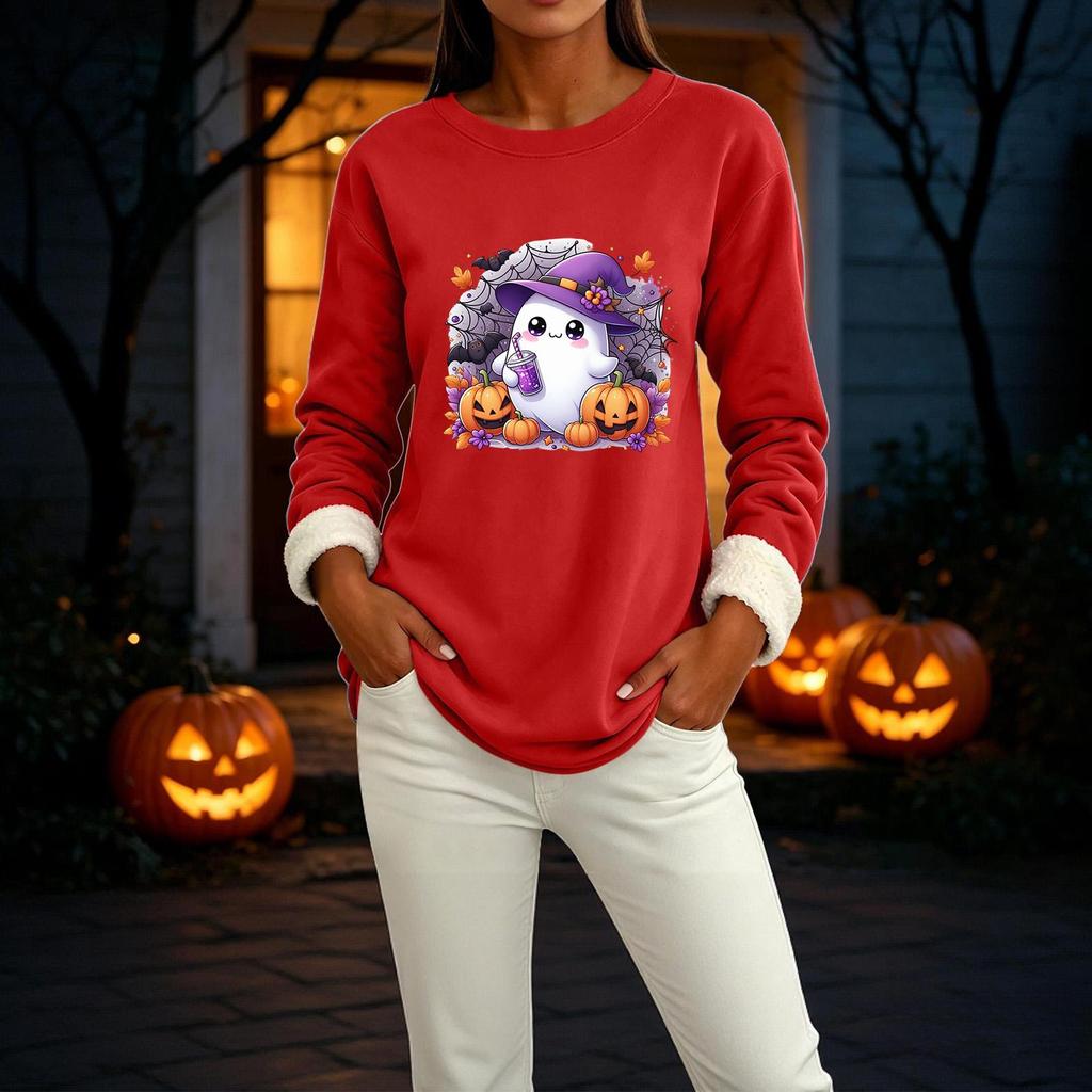 Women's Lined Round Neck Long Sleeve Halloween Print Casual Top for Winter