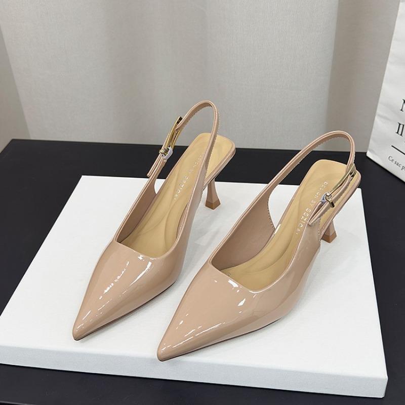 Nude high heels summer women's stiletto new patent leather pointed single shoes with empty bag head sandals women