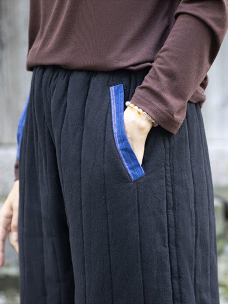 Johnature Women Warm Winter Straight Pants Cotton Linen Vintage Elastic Waist Trouser Solid Color Patchwork Pockets Pants