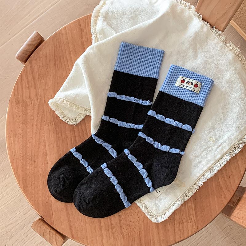 Female Spring and Autumn Color Bubble Stripes Cute Cartoon Dog Cloth Logo Boneless Tube Pile Socks