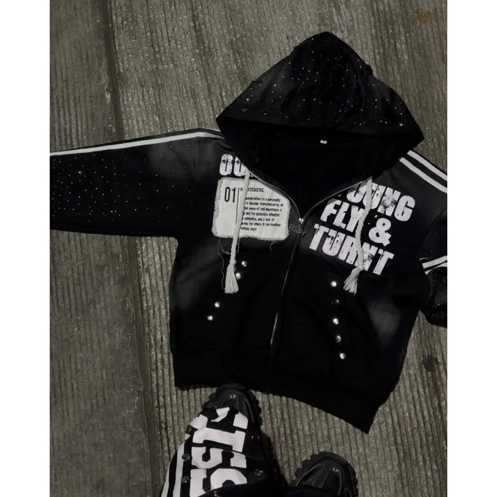 LUXEON Gothic Punk Hip Hop Gewaschener Hoodie Y2k Retro Streifenstickerei Reißverschluss Kapuzenpullover Rock Harajuku Herren Damen Streetwear