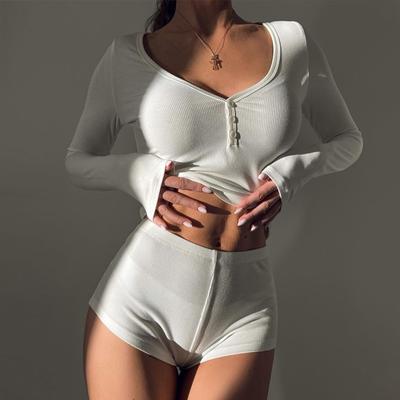 Women 2 Piece Pajamas Sets Bodycon Shorts +Long Sleeve V Neck Button Down Cropped Tops Sexy Y2K Set Loungewear