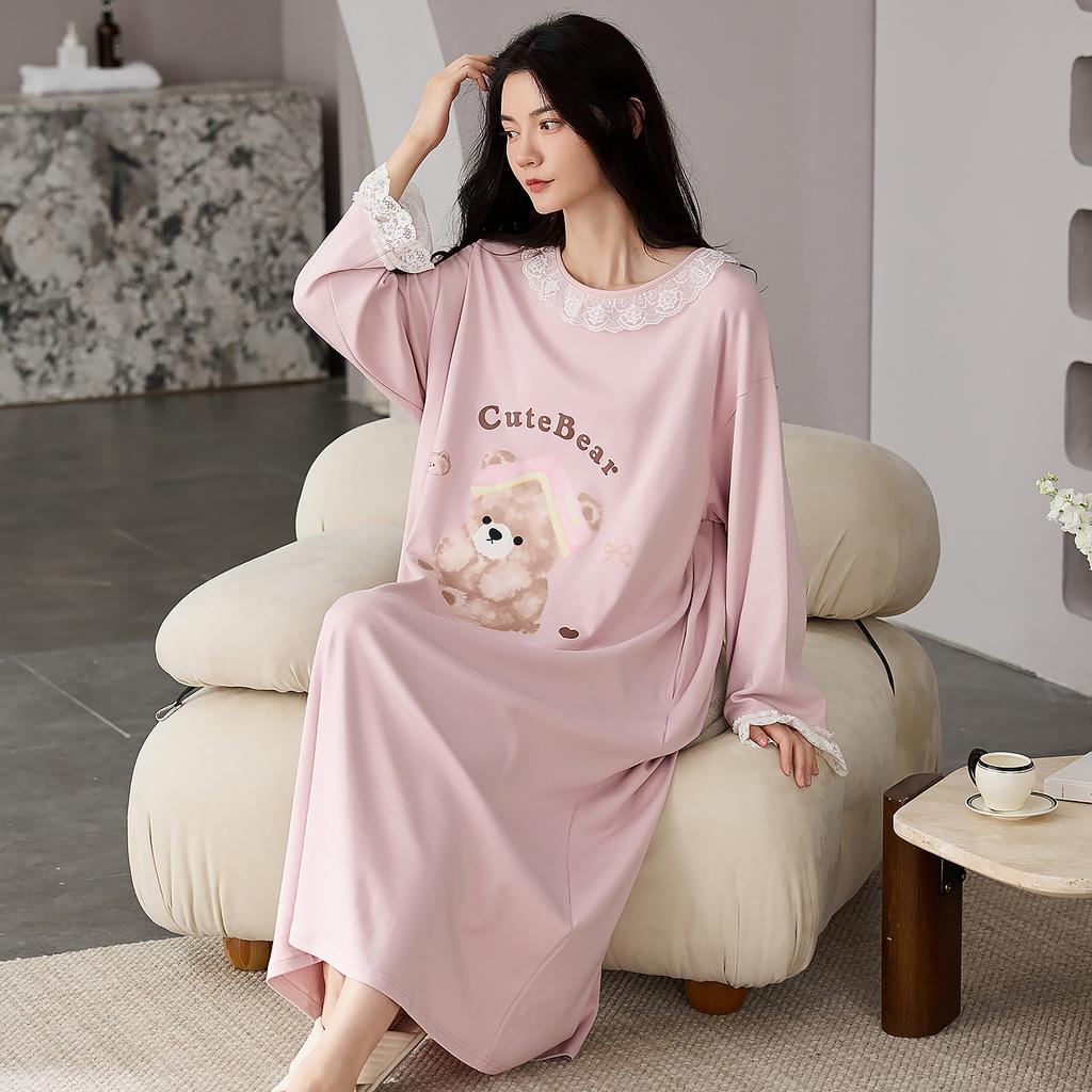 Nachthemd Damen Frühling und Herbst Reine Baumwolle Langärmelig Mittel und Lang Locker, Süß und Hochwertig Lässig Kann Draußen Getragen Werden Loungewear