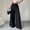 Women Pants Elastic High Waist Buttons Decor Solid Color Trousers Wide Leg Loose Fit Casual Pants Work Travel Daily Wear