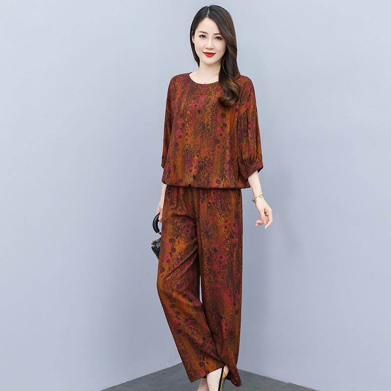 

Retro Printed Wide-Leg Pants & Mid-Sleeve Round Neck Top - Elegant Two-Piece Set for Mothers XL