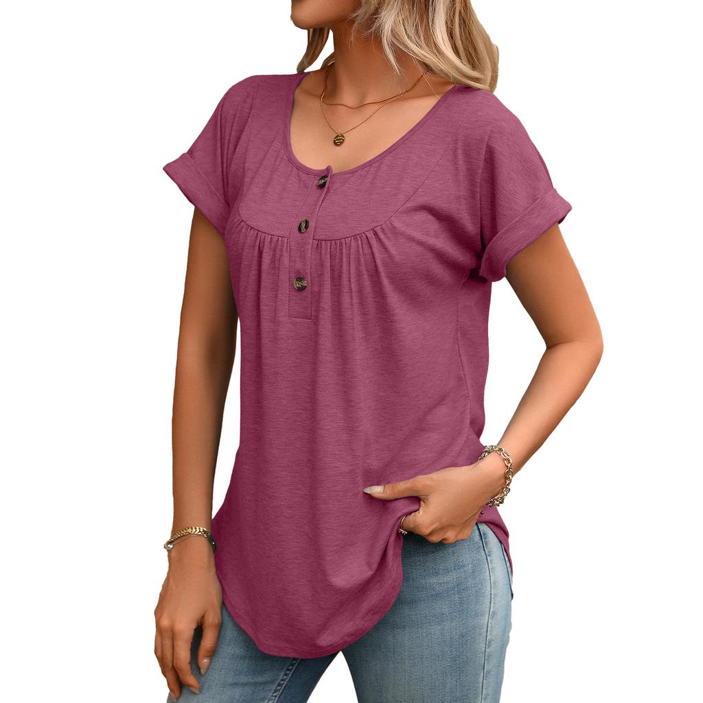 European Style Summer Solid Color Round Neck Button Loose Fit Short Sleeve T-Shirt Women