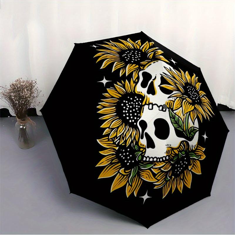 1pc Skull Sunflowers Auto Open/close, All-Season Portable Folding Umbrella for Women & Men, Travel, Everyday, Formal Events - Compact Luxury Parasol,