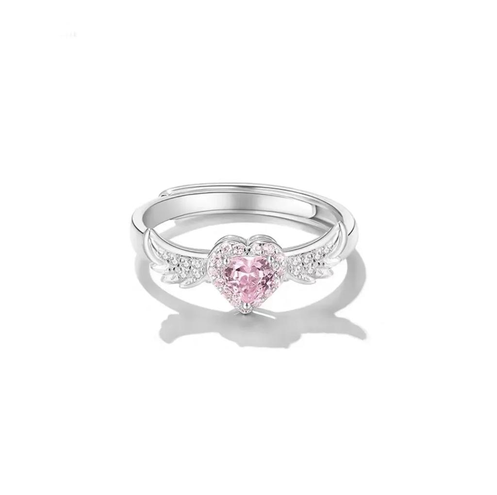 Chic Angel Wing Ring for Couple Pink Heart Cubic Zirconia Eternity Rings Romantic Forever Love Finger Jewelry Valentine Day Gift