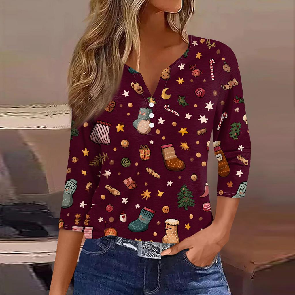 Damenmode Lässig Halloween Bedruckt V-Ausschnitt Kurzarm Zierknopf Dreiviertelarm T-Shirt Top