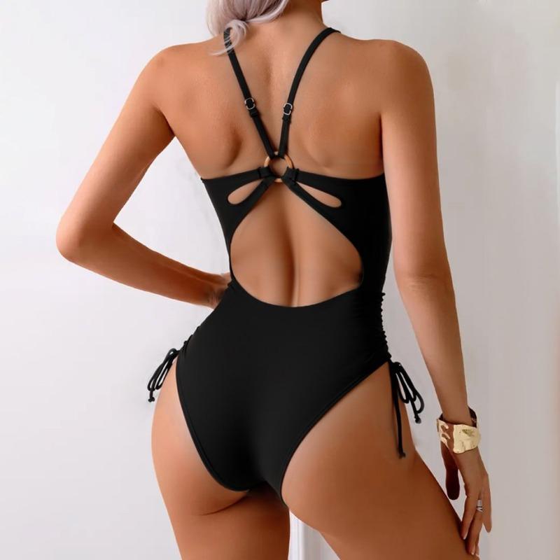 Damen Unifarben Grün Neckholder Badeanzug - Bauchkontrolle Raffung Badedress