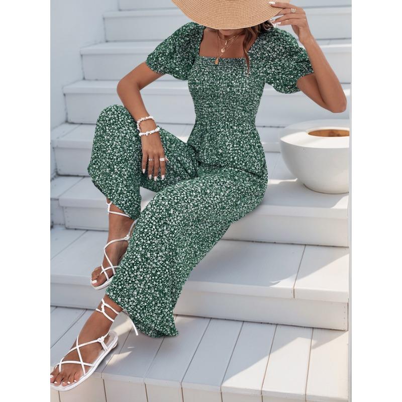 VEZFAA Women's Fashion Casual Summer Spring Short Sleeve Square Collar High Waist Trousers Jumpsuits & Rompers