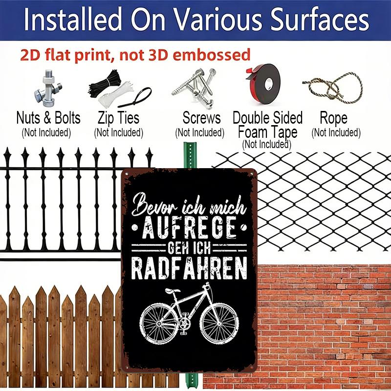 2D Flat 1pc Rustic Metal Wall Art Featuring Bicycle Design with An Inspiring German Cycling Quote - A Durable Aluminium Sign for Mountain Bike
