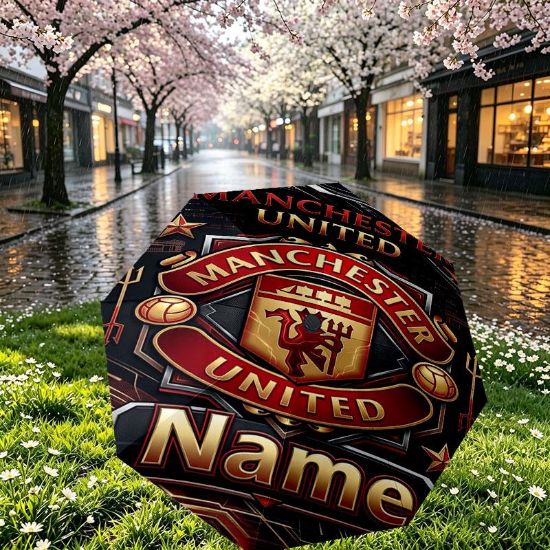 Custom Name Personalized Manchester United Print Umbrella, Auto Open Close, 8‑Rib Sturdy Frame, Commute Camping Hiking Use, Birthday Gift