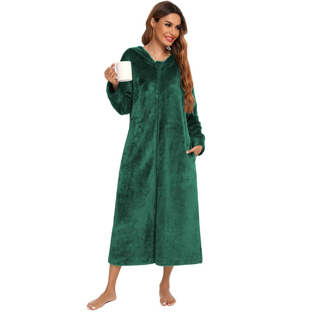 Women's Zip Up Plush Fleece Robe Hooded Warm Long Bathrobe Dressing Gown Winter Cozy Zipper Lounger Sleepwear Housecoat Loungewear Nightgown