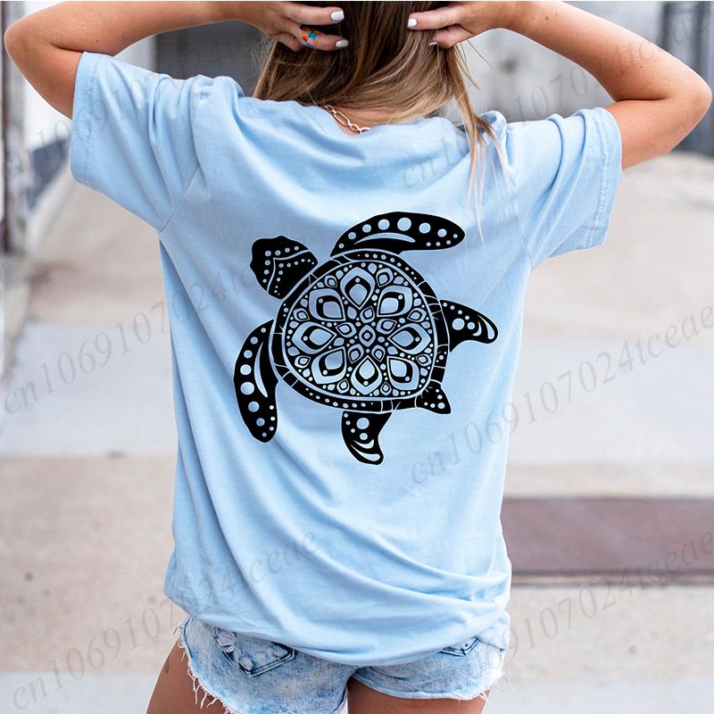 Women Graphic Sea Turtle Floral Print T Shirt Girl Short Sleeve Ladies Camping Print Clothes Lady Tees Tops Female T Shirt Tops