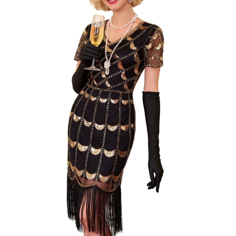 Flapper Dresses 1920s V Neck Sequins Fringed Dress Great Gatsby Dress for Womens Cocktail Dresses