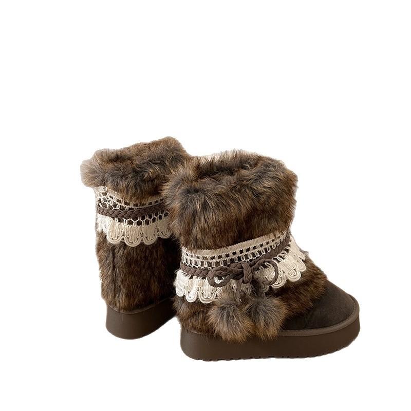 Brown Retro Non-slip Thick-soled Fluffy Snow Boots Women's 2025 New Winter Heightening Warm Piled Thickened Cotton Shoes