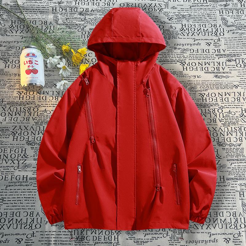 

Outdoor Jacket Functional Twill Zipper Hooded Solid Color Men s Trench Coat Autumn Couples Jacket Mountaineering Suit M красный