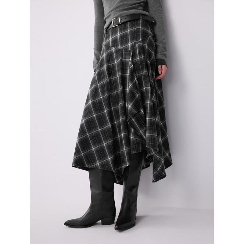 ELLE Women s Irregular Plaid A-line Skirt with Belt L