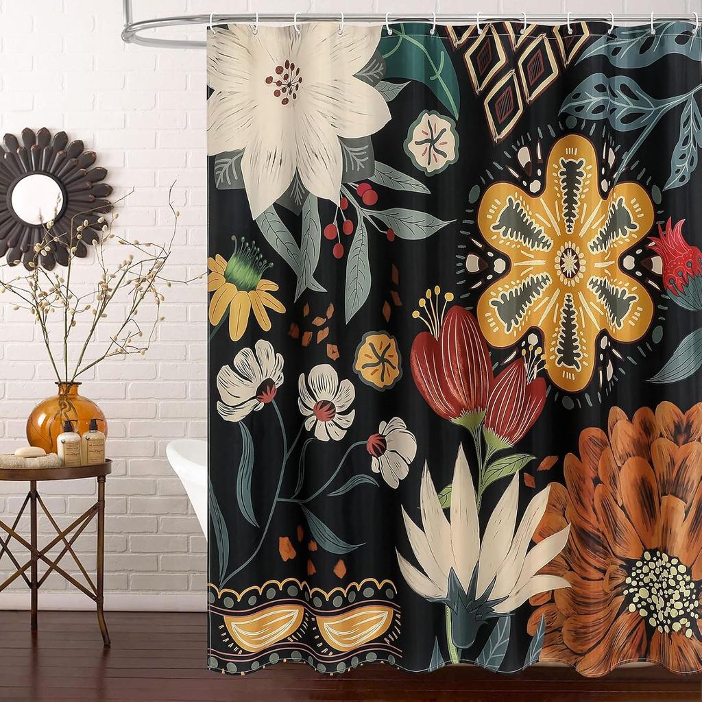 Boho Floral Shower Curtain, Tropical Leaves Fabric Cloth Shower Curtains for Chic Elegant Bathroom Decor, Modern Curtain
