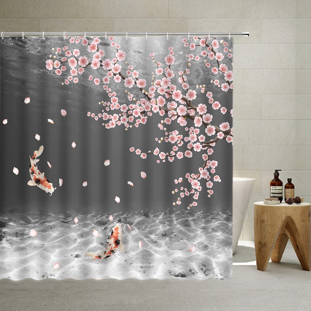 Pink Cherry Blossom Shower Curtain Retro Floral Sakura Plum Blossom Blooming Flower Spring Flower Geometric Bathroom Accessories