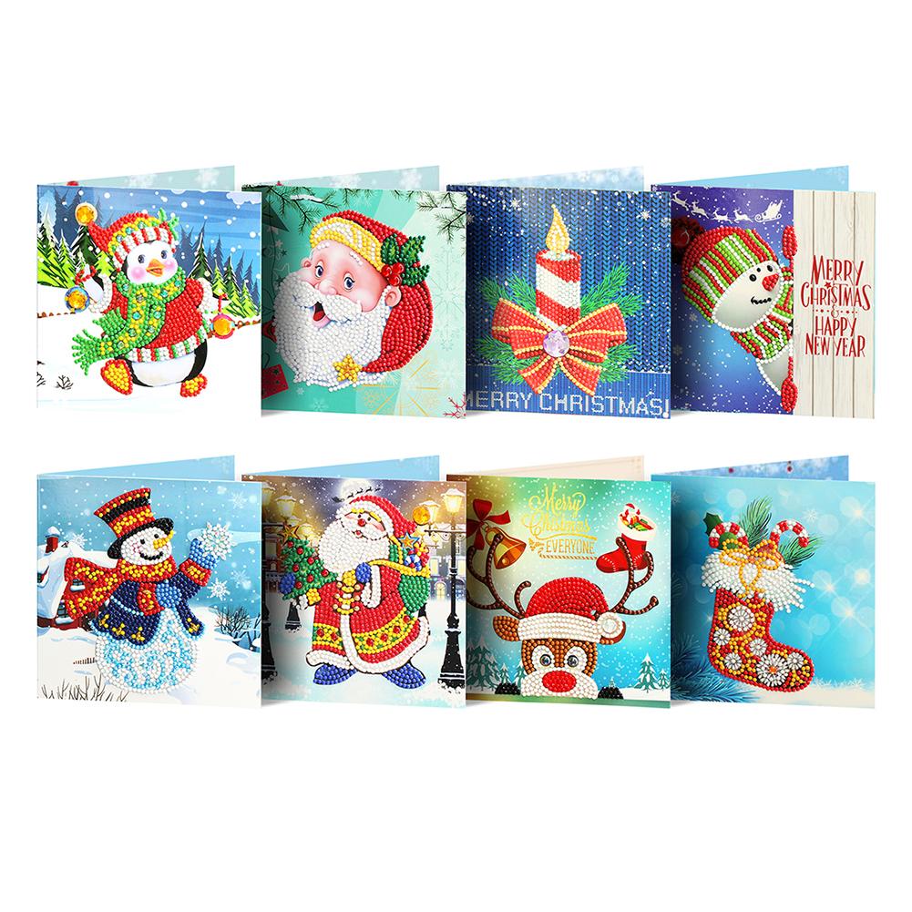 8pcs Diamond Painting Christmas Postcards Christmas Embroidery Kit 5D DIY Diamond Painting Greeting Card for Birthday Festival