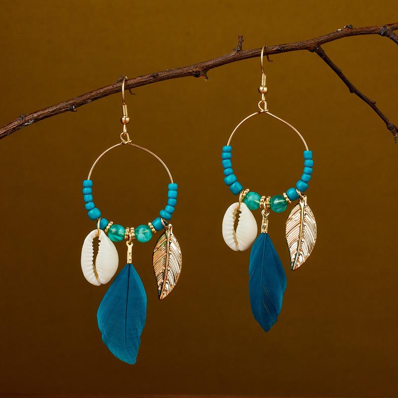 Hot selling ethnic style retro feather earrings, long multi colored vacation feather earrings, bead string design, circular earrings