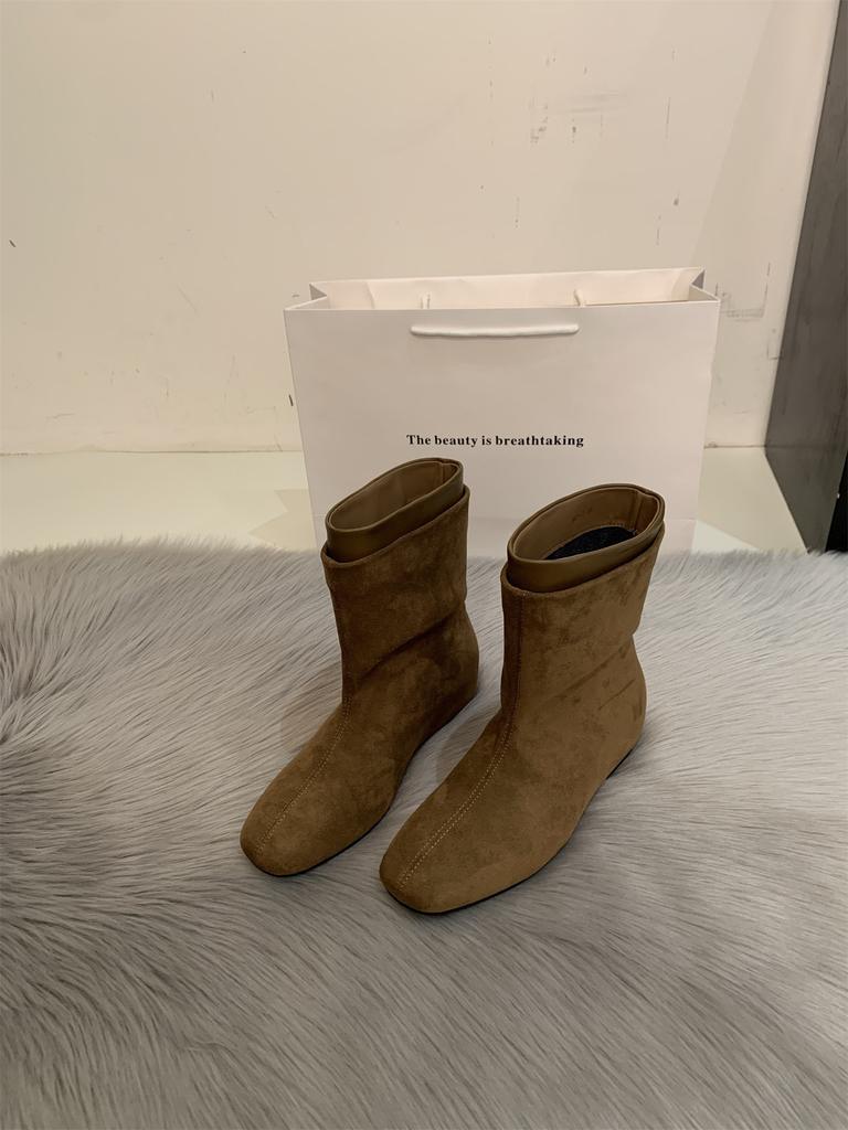 Minimalist style~ Korean style small square head low slope heel thin boots women's autumn and winter thin foreign style small short boots one foot