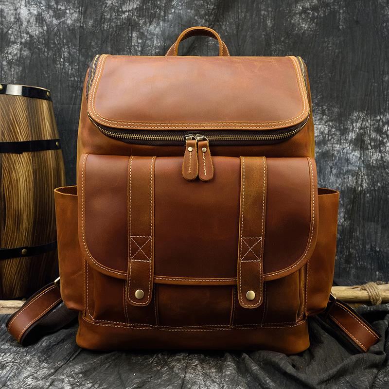 Big Capacity Vintage Leather Backpack Laptop Travel Bagpack Men Male Cowskin Backpack Retro Style Travel Bag  Brown 42cm