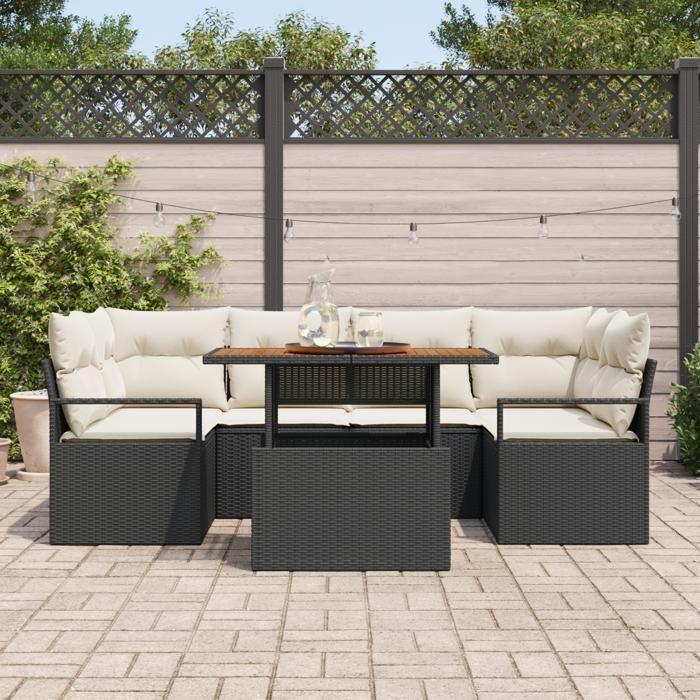 Ensemble de Canapé de Jardin de 7 Pièces avec Coussins en Poly Rattan Noir, Canapé de Jardin 2 Places avec Rangement 3358399