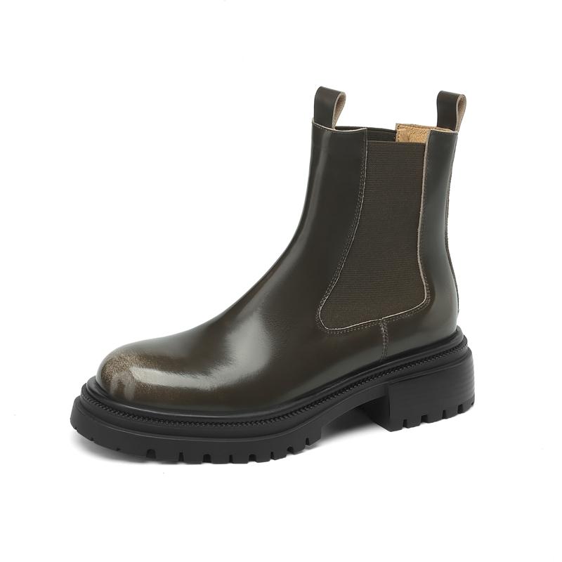 Fashion Women's New Autumn/Winter Round Head Genuine Leather Cowhide Elastic Mid Heel Thick Bottom Large Leg Chelsea Short Boots
